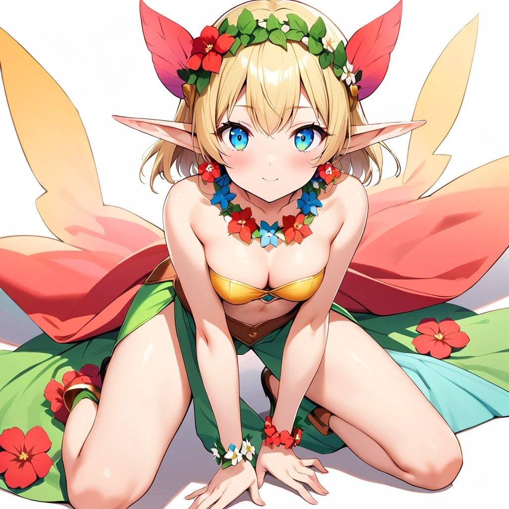 16k works,Highest quality,18-year-old,No background.White background only,whole body、Kneel,Dynamic and sexy pose, One person, Beautiful Face,, Symmetrical eyes, Perfect body, Good balance、 Perfect body、blonde, Elf Fairy, Fantasy Theme, ( Wearing an elf costume:1.5, Elf Ears, Corolla:1.3, Flower Earrings, Flower Necklace )