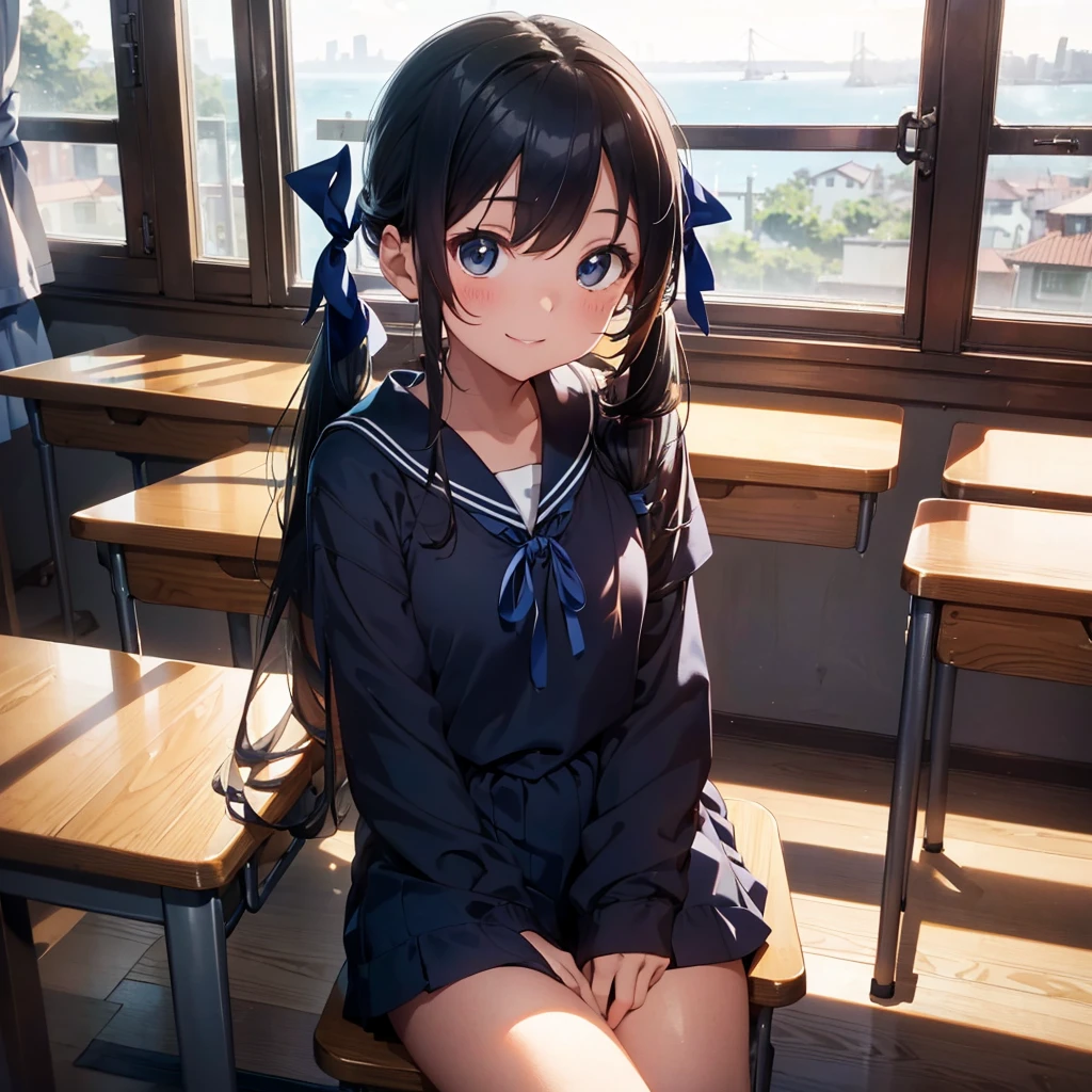 Highest quality, Very detailed, masterpiece, One Girl, Sitting in a chair Smiling, Open Mouth, , (low twintails:1.2), Low Pigtails, Black Hair, Long Hair, (Navy blue sailor suit with blue ribbon:1.4), Long sleeve, School desk, School Chair, classroom, from the front, Close up on face, First-person view, alone, window, Distant Sea, distant cityscape, Hill Town, 16 o'clock, Orange sky, anime,