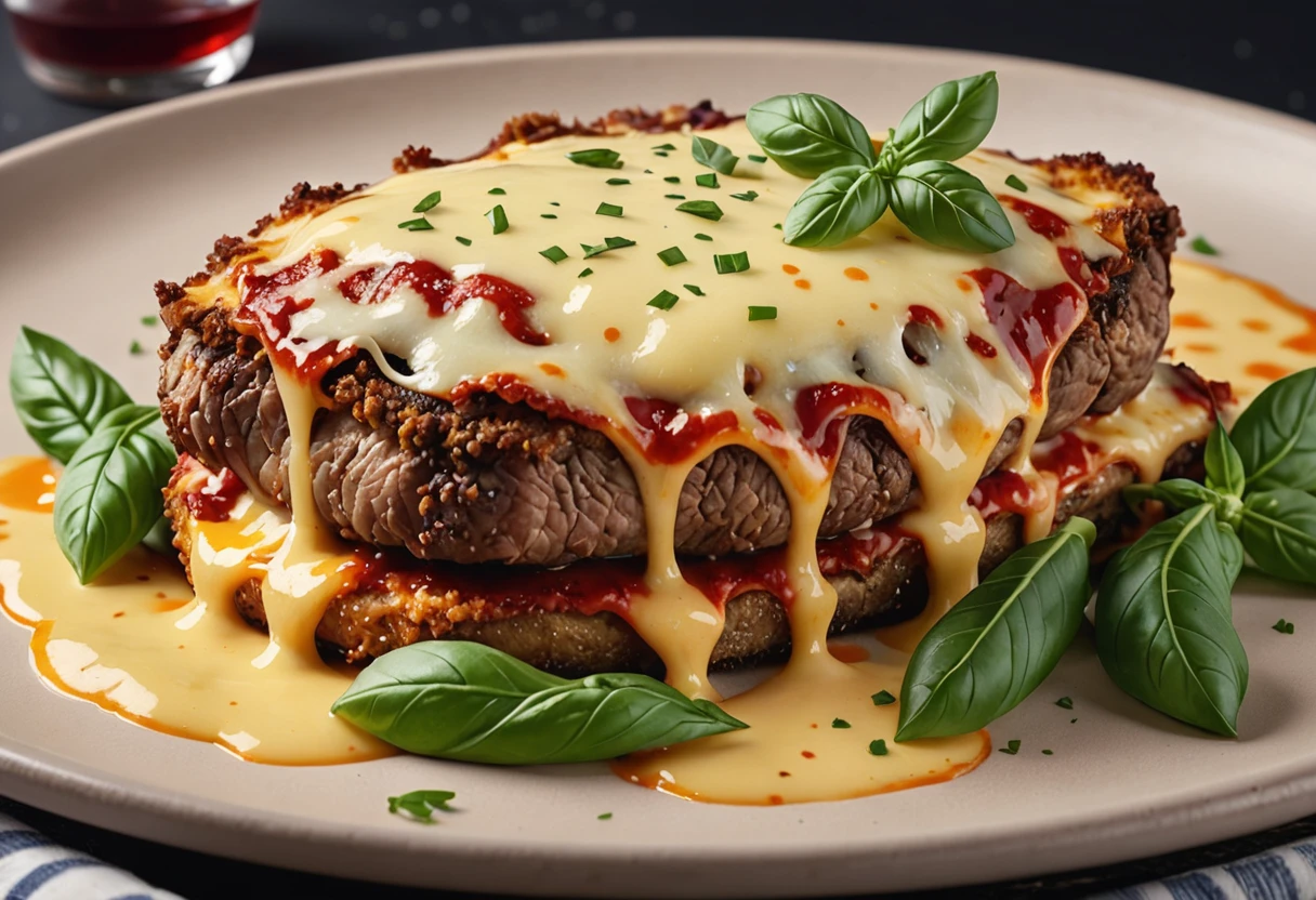 A 4K image of a perfectly prepared steak dish (crispy parmigiana), topped with a generous layer of melted cheese.