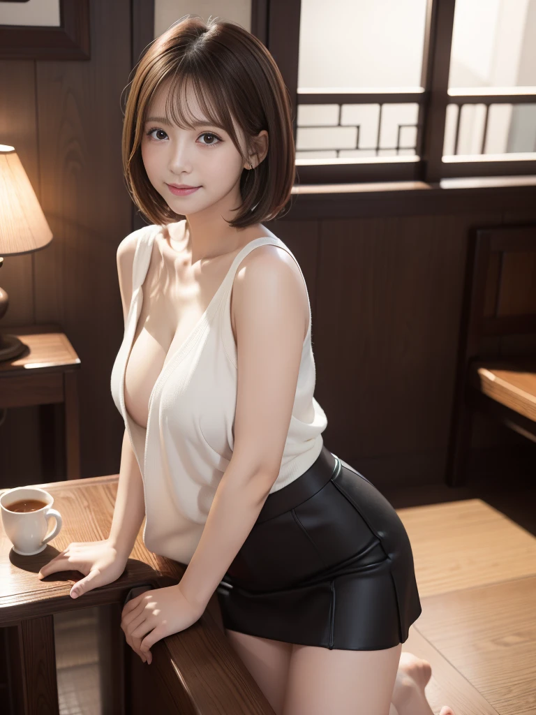 ((masterpiece))、((Highest quality))、photograph、reality、high resolution、Very detailed、Married women、40th generation、（Plump body）、Delicate features、short hair、Realistic background and accessories、Big and ample breasts、Sexy smile、（Private room at an izakaya、sit facing each other）、Open-neck short-sleeved knit、See-through、Tight mini skirt、((Dark Room))、((Indirect lighting only))、Deep Shadow、Zoom Shot、