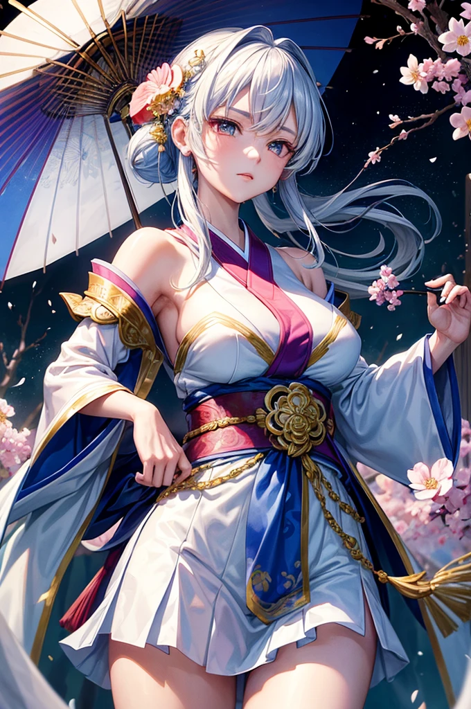 Kagura is a heroine with an elegant and mystical appearance. She wears a traditional Japanese kimono with floral details and intricate embroidery.. Her kimono is mostly blue and white, symbolizing your connection to magic and serenity.She has long white hair that falls softly over her shoulders., usually adorned with traditional hair accessories, such as ribbons and floral ornaments. Your eyes are big and expressive, reflecting both wisdom and determination.Kagura carries the Seimei Umbrella with her, a magical umbrella decorated with ancient and mystical patterns. This umbrella is not just an accessory, but also a powerful weapon that she uses to channel her magic and carry out devastating attacks against her enemies.Your posture and movements are graceful and fluid, evoking the image of a dancer while exuding an aura of power and mystery.