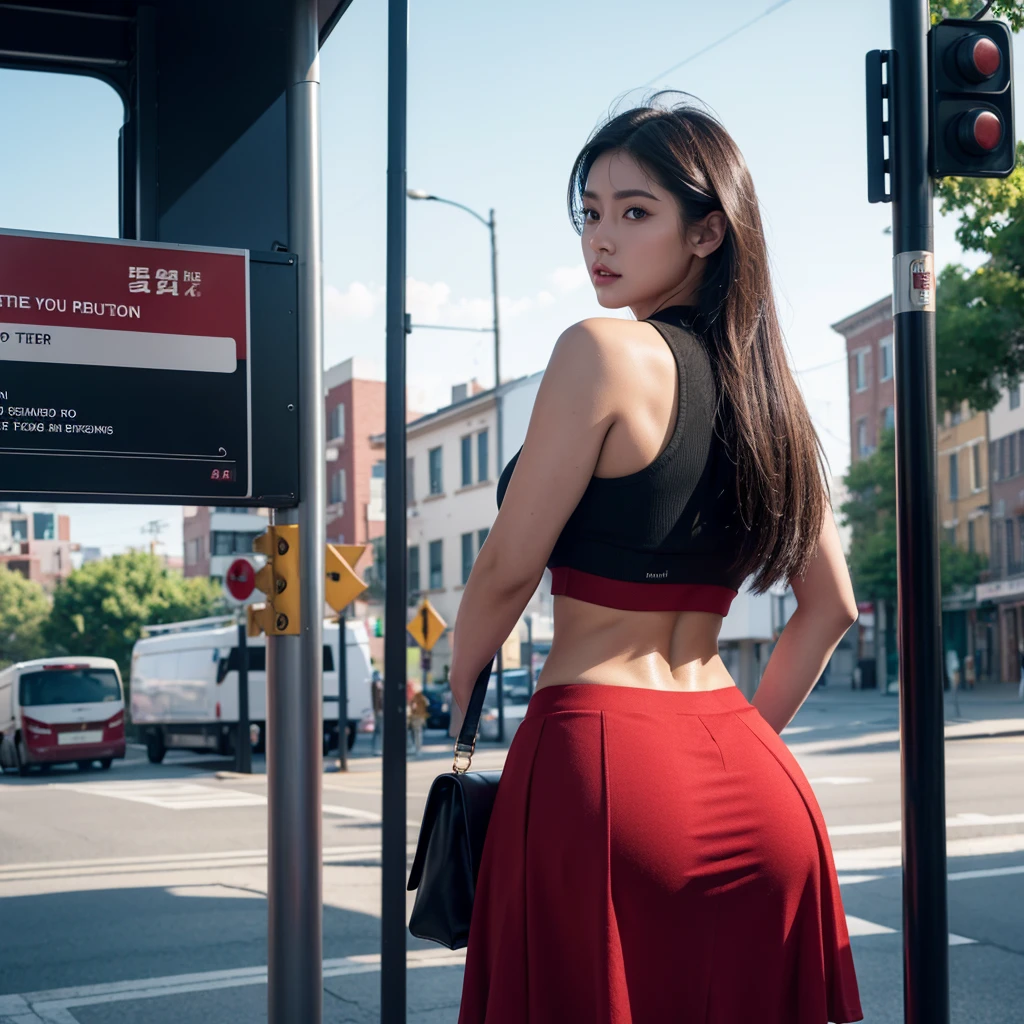 High realistic, 1girl only, surrealism, High detail, Cinematic lighting, Ray tracing, angle of view, Eye level shots, hyper HD, Masterpiece, Textured skin, 8K, Best quality,Standing at the bus stop, wearing thin thick red skirt,wearing red thick crop top,very huge thick body, high quality,8K,high resolution,muscular thick body, thick big ass