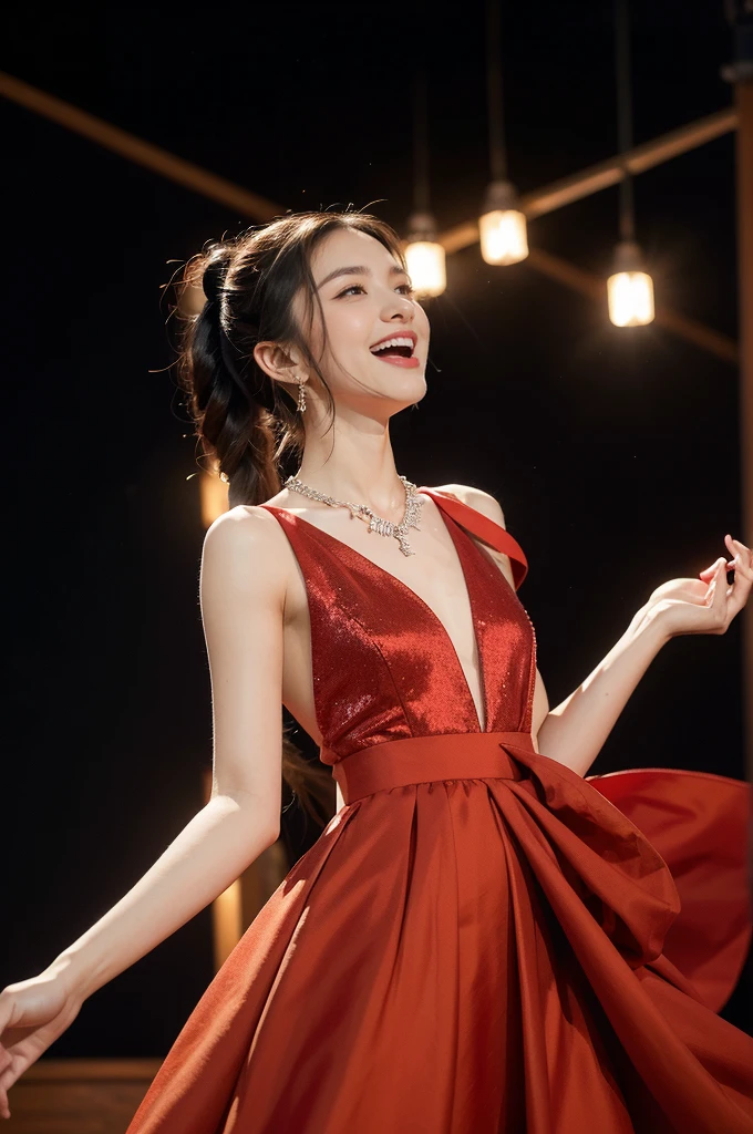 (((best quality))),(((ultra detailed))),(((masterpiece))),illustration, 1girl,singer,solo,short ponytail,open mouth,laughing,slim,thin,flat chest,small breasts,earrings,necklace,Maxi gorgeous sparkled red dress,slender legs,on the stage, performance, passion, confidence, elegance, lighting effects, decorations, audience, melodious voice, beautiful appearance, captivating performance,standing,upper body,from front