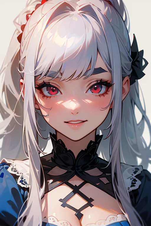 (Highest quality, masterpiece:1.2), (High resolution, 最高masterpiece).(difficult).Very detailed, Realistic:1.37, Fantasy, An illustration,Gray Hair、 Red eyes、Queen, White and blue dress、beautifully、Eyeshadow Red、Thick eyebrows、Long eyelashes、pupils are black、shiny on the lips、Top Sites、Queen、Princess、A kind smile、Show your teeth a little and smile、Soft impression、people々Loved by、Slimming the face、Shoulder Bare、ponytail、Kissing Face、Long white hair、Shaggy Bangs、Save face image、Lace Underwear、sexy、