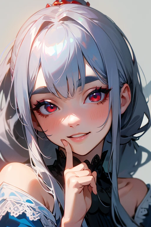 (Highest quality, masterpiece:1.2), (High resolution, 最高masterpiece).(difficult).Very detailed, Realistic:1.37, Fantasy, An illustration,Gray Hair、 Red eyes、Queen, White and blue dress、beautifully、Eyeshadow Red、Thick eyebrows、Long eyelashes、pupils are black、shiny on the lips、Top Sites、Queen、Princess、A kind smile、Show your teeth a little and smile、Soft impression、people々Loved by、Slimming the face、Shoulder Bare、ponytail、Kissing Face、Long white hair、Shaggy Bangs、Save face image、Lace Underwear、sexy、