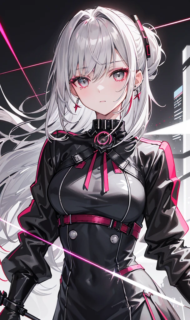 （tmasterpiece，Sideslit，Beautiful eyes：1.2），（tmasterpiece*sportrait），sportrait，busts，（busts），Lifelike，Anatomical correct，luscious skin，（Solo），silver deep gray hair and pickaxe кирка dyeing，(closeup of face），Lovely face，（gray glossy hime hairstyle），Hanging eye corners，（（highdetailskin，Visible pores）），（Perfect body），Beautiful cyberpunk girl，medium breast，（（Women's extra short shawl leather jacket）），（school_uniform），（ear studs），（Neck strap），very short gloves，（chain），（(Laser material clothing：1.2))
(((Outfit:Black, white, red,  rose colours in 3 undertones: dusty/ashy/silver dualchrome
Diamonds, leather, high detailed, high resolution)))
(((High quality designed outfit )))
(((Gray and silver hair)))(((gray hairstyle))), (((dusty rose eye)