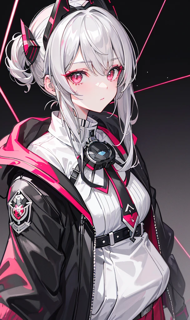 （tmasterpiece，Sideslit，Beautiful eyes：1.2），（tmasterpiece*sportrait），sportrait，busts，（busts），Lifelike，Anatomical correct，luscious skin，（Solo），silver deep gray hair and pickaxe кирка dyeing，(closeup of face），Lovely face，（gray glossy hime hairstyle），Hanging eye corners，（（highdetailskin，Visible pores）），（Perfect body），Beautiful cyberpunk girl，medium breast，（（Women's extra short shawl leather jacket）），（school_uniform），（ear studs），（Neck strap），very short gloves，（chain），（(Laser material clothing：1.2))
(((Outfit:Black, white, red,  rose colours in 3 undertones: dusty/ashy/silver dualchrome
Diamonds, leather, high detailed, high resolution)))
(((High quality designed outfit )))
(((Gray and silver hair)))(((gray hairstyle))), (((dusty rose eye)