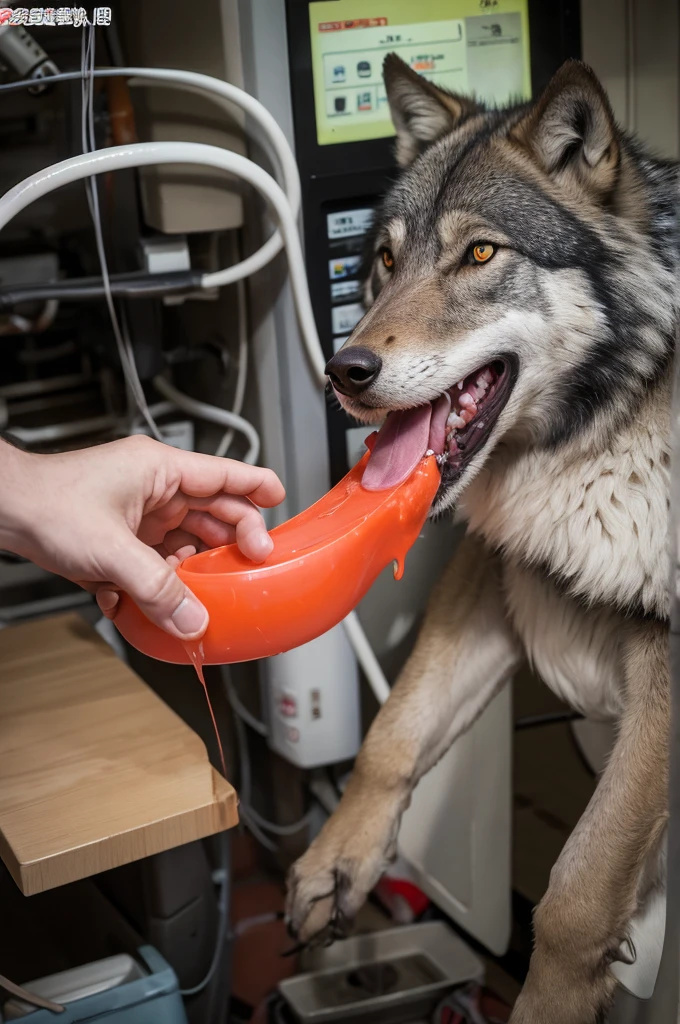 Wolf beastman is restrained by a machine、Anime-style image of a penis being handled by a sperm squeezer