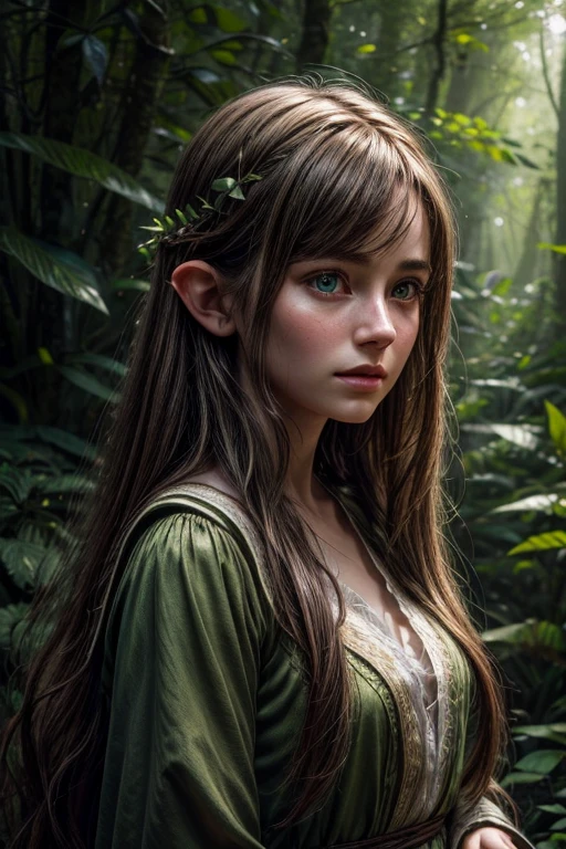 A beautiful young hobbit woman, porcelain skin, long flowing brown hair, large expressive eyes, delicate facial features, pointed ears, wearing an earthy green dress, standing in a lush forest clearing, surrounded by ferns and wildflowers, warm golden light filtering through the trees, (best quality,4k,8k,highres,masterpiece:1.2),ultra-detailed,(realistic,photorealistic,photo-realistic:1.37),fantasy,portrait,cinematic lighting,vibrant colors,intricate details
