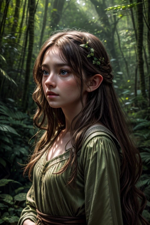A beautiful young hobbit woman, porcelain skin, long flowing brown hair, large expressive eyes, delicate facial features, pointed ears, wearing an earthy green dress, standing in a lush forest clearing, surrounded by ferns and wildflowers, warm golden light filtering through the trees, (best quality,4k,8k,highres,masterpiece:1.2),ultra-detailed,(realistic,photorealistic,photo-realistic:1.37),fantasy,portrait,cinematic lighting,vibrant colors,intricate details