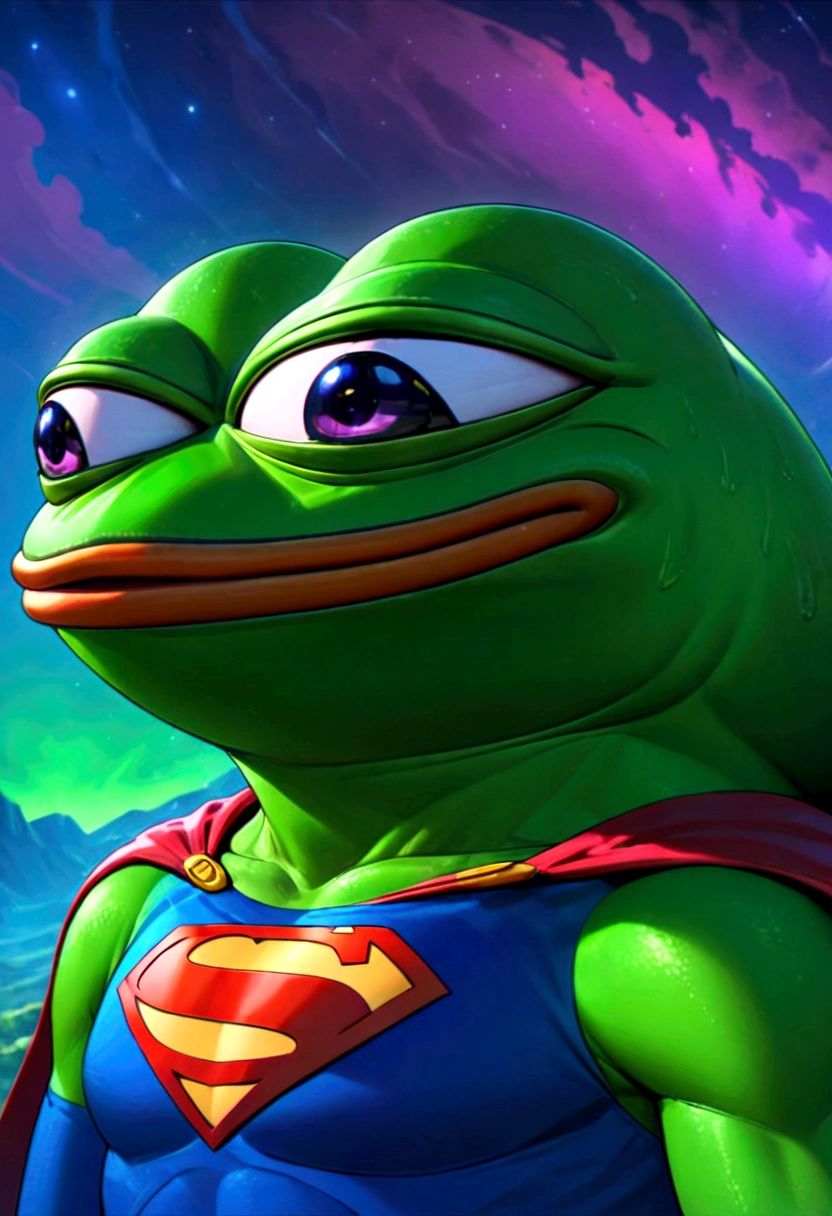 portrait of purple super hero pepe with purple skin,, wearing superman outfit with big H in middle , a starry night sky background, (((pepe_frog))),,detailed portrait, (best quality,8k,highres,masterpiece:1.2),ultra-detailed,digital painting,vibrant colors,dramatic lighting,fantasy,surreal, pepe the with purple skin, hedgehog with big mucles, hedgehog, supe hero, superman, pepe the frog, as super hero pepe_frog, high qulity