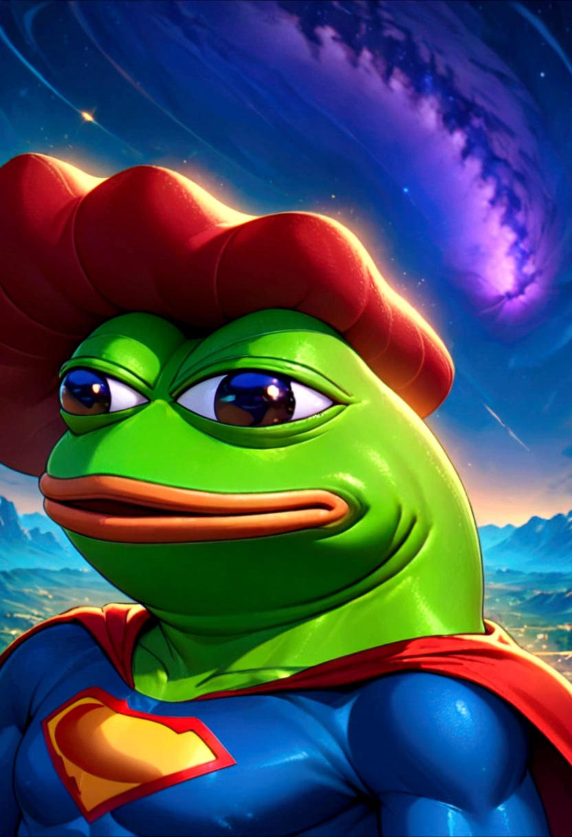 portrait of purple super hero pepe with purple skin,, wearing superman outfit with big H in middle , a starry night sky background, (((pepe_frog))),,detailed portrait, (best quality,8k,highres,masterpiece:1.2),ultra-detailed,digital painting,vibrant colors,dramatic lighting,fantasy,surreal, pepe the with purple skin, hedgehog with big mucles, hedgehog, supe hero, superman, pepe the frog, as super hero pepe_frog, high qulity