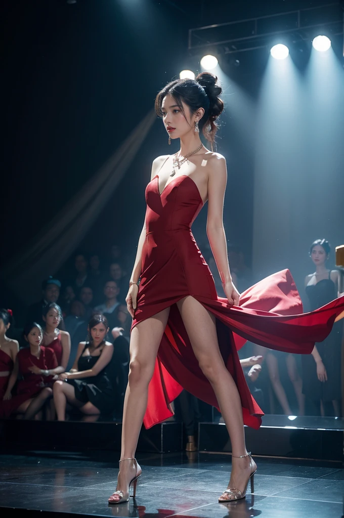 (((best quality))),(((ultra detailed))),(((masterpiece))),illustration, 1girl,singer,solo,short ponytail,slim,thin,flat chest,small breasts,earrings,necklace,Maxi gorgeous sparkled red dress,slender legs,high heels,on the stage, performance, passion, confidence, elegance, lighting effects, decorations, audience, melodious voice, beautiful appearance, captivating performance,((standing,full body,from front,arms behind back))