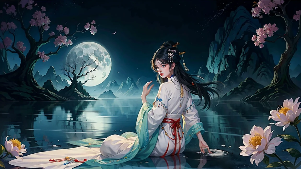 Official Art, Unity 8K wallpaper, Extremely detailed, beautiful and aesthetic, masterpiece, best quality, For the world，You may be alone，But for someone，You could be the whole world, paradox, Adrian Genius, Jenny Savile, Edward Hope, Surrealism, The Dark Arts of James Jean, Takato Yamamoto, 墨water朋克极简主义, fashion magazine, Editorial Photography,  gufeng, moon, Tree, Solitary, water, flower, Branches, night, Black Hair, Back to, shawl, full moon, (1 Korean girl，Sexy facial features), in Tree, Long hair, Sky, sit, Chinese clothes, Hanfu, crescent moon, permanent, outdoor，手上有一个water晶球