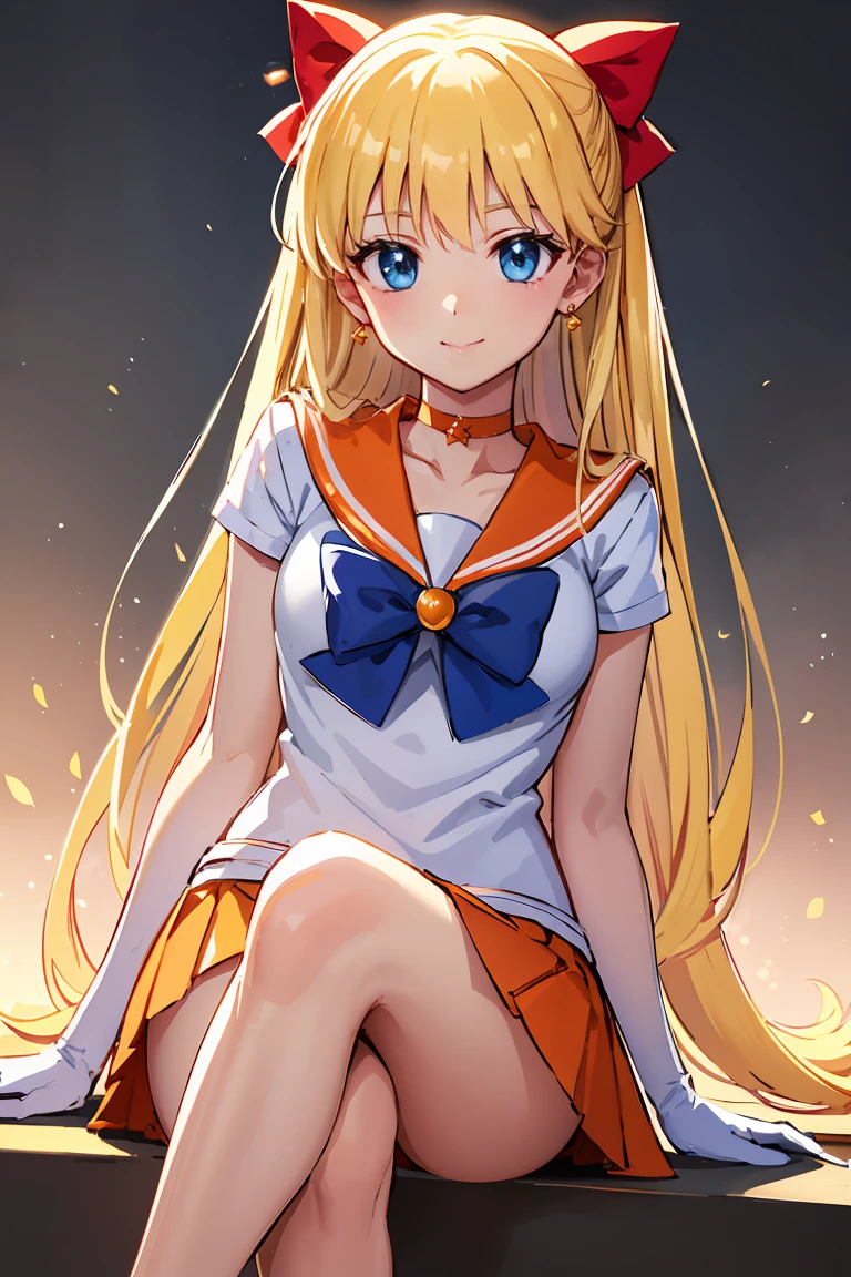 masterpiece, Highest quality, High resolution, Venus 1, One girl, alone, Sailor Warrior Uniforms, Sailor Venus, aino minako, Blonde, Magical girl, blue eyes, Orange Skirt, Elbow hand pockets, tiara, Pleated skirt, Hair Ribbon, Orange sailor collar, mini skirt, choker, Red Bow, orange choker, White gloves, Very long hair, jewelry, Earrings, Sitting, Crossing your legs,The background is the school infirmary,smile
