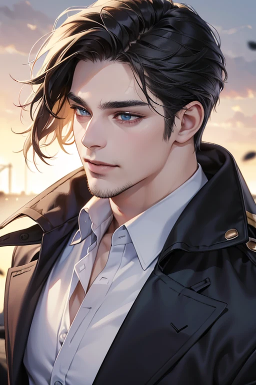(best quality,4k,8k,highres,masterpiece:1.2),ultra-detailed,(realistic,photorealistic,photo-realistic:1.37),30 year old man,3 day beard,handsome anime,portraits,strong,masculine,dark hair,sharp jawline,mesmerizing eyes,perfectly styled hair,cool anime outfit,confident expression,vibrant colors,dynamic lighting, CEO and expression smile in love.