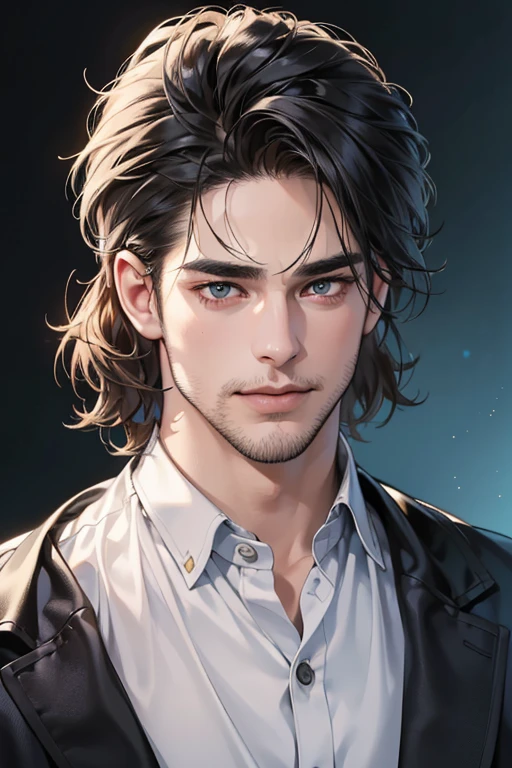 (best quality,4k,8k,highres,masterpiece:1.2),ultra-detailed,(realistic,photorealistic,photo-realistic:1.37),30 year old man,3 day beard,handsome anime,portraits,strong,masculine,dark hair,sharp jawline,mesmerizing eyes,perfectly styled hair,cool anime outfit,confident expression,vibrant colors,dynamic lighting, CEO and expression smile in love.