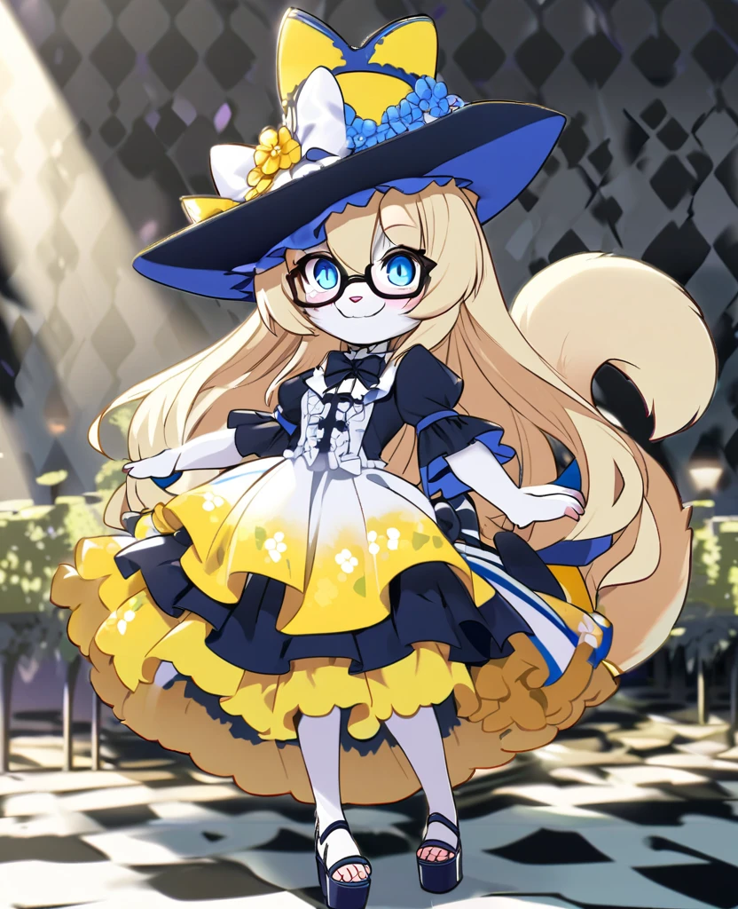 Furry girl short blonde hair blue eyes wearing glasses blue and white gothic lolita hat with blue and yellow flowery dress with bow details furry tail open platform sandals Anabela stiletto heel background flowery theme park smiling