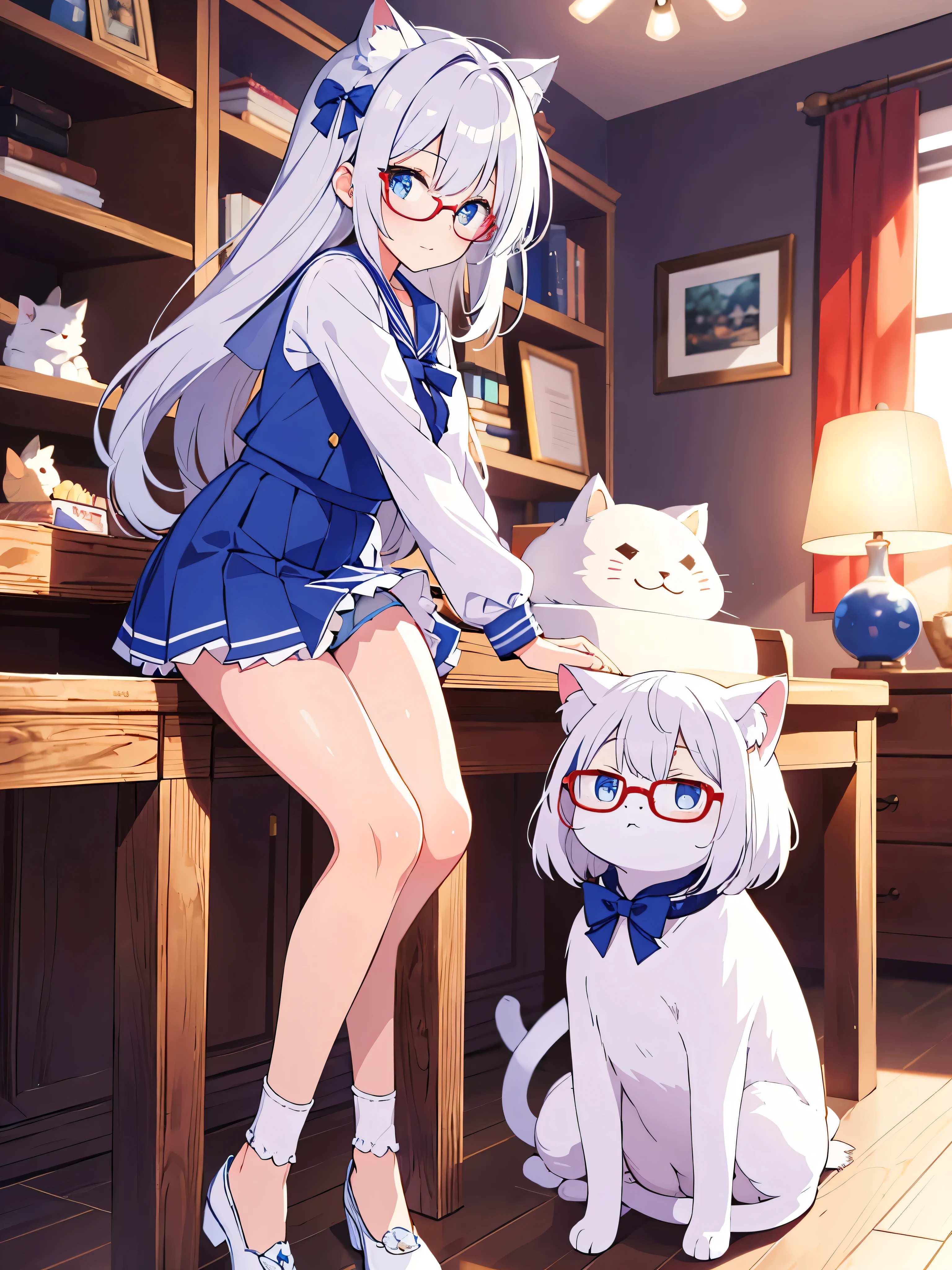 Chica linda hermosa gran calidad 2k shocks blue eyes white hair sailor navy blouse blue skirt Mini skirt bench sailor style with glasses cat ears in room rgb led lights lolita panties