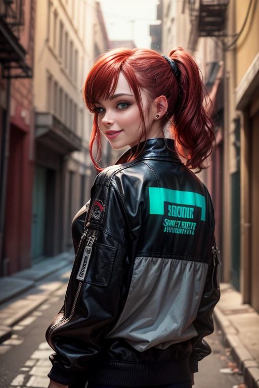 photorealistic, high resolution, 1 beautiful female, beautiful emerald eyes, ponytails red hair, smiling, cyberpunk streetwear, dynamic pose, background back alley street, dramatic, chromatic aberration. 