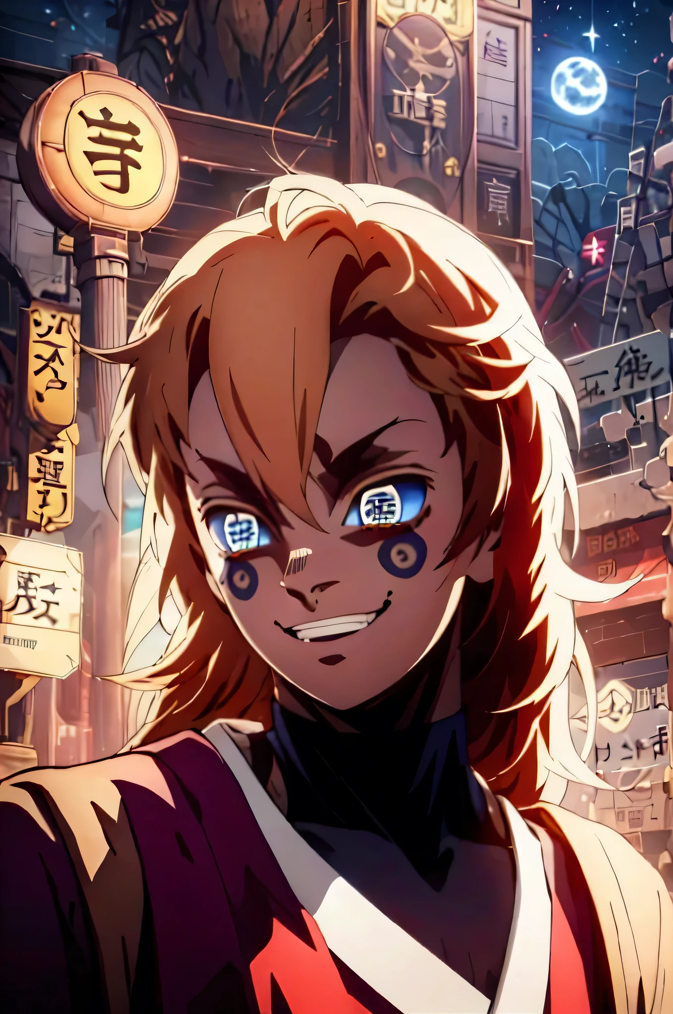 Realistic, (masterpiece, top quality, best quality, official art), very detailed, most detailed, long hair, blond long hair (glowing blue eyes), deepe blue iris eyes, deep white skin tone, like a vampire, mysterious, (magic), sexy man, demon, blood, oni, Kimetsu no Yaiba, eyes with upper moon number, anime Demon Slayer, japonese, red kimono, evil expression, blood power 