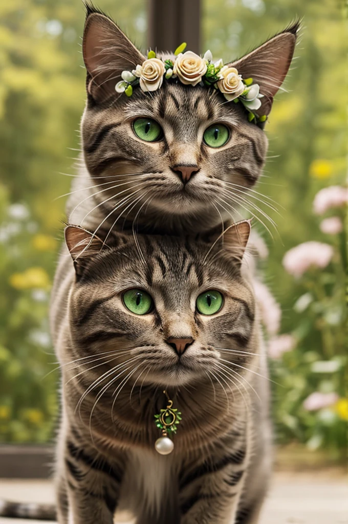 Cat colors: beige, grey, brown cat eyes:green 
Cat accessories:flower crown, flower necklace, flower skirt animal: cat