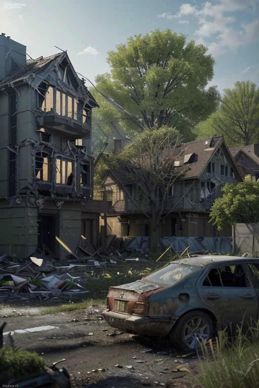 Post apocalyptic city scene, destroyed houses and buildings, moss on houses and buildings, trees growing, large trees, lots of bush, wild flowers. Birds, various animals, wrecked cars, destroyed motorcycles. [(Hassleblad H6D-400c)], [(medium format image)],[(dreamy)],[(400 mega pixels)], (photorealistic:1.4), (RAW photo:1.2), (8k), (masterpiece:1.3), (realistic), (hyper-realistic), ultra-detailed, illustration, very_high_realistic:1.5 ,very_high_resolution:1.5, HDR, CG, unity, 8k wallpaper, Amazing ,finely detail, official art, extremely detailed CG unity 8k wallpaper, (best quality), incredibly absurdres, ultra-detailed, cinema lights, cinematic lighting, professional lighting, photon mapping, radiosity, physically-based rendering, solo focus, sharp focus,
highres, extremely detailed ,extremely delicate and beautiful, intricate detail.