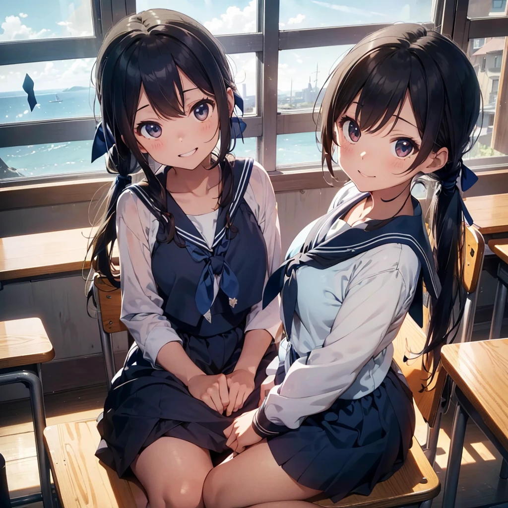 Highest quality, Very detailed, masterpiece, One Girl, Sitting in a chair Smiling, Open Mouth, , (low twintails:1.2), Low Pigtails, Black Hair, Long Hair, (Navy blue sailor suit with blue ribbon:1.4), Long sleeve, Dark brown eyes, School desk, School Chair, classroom, from the front, Close up on face, First-person view, alone, window, Distant Sea, distant cityscape, Hill Town, 16 o'clock, Orange sky, anime,