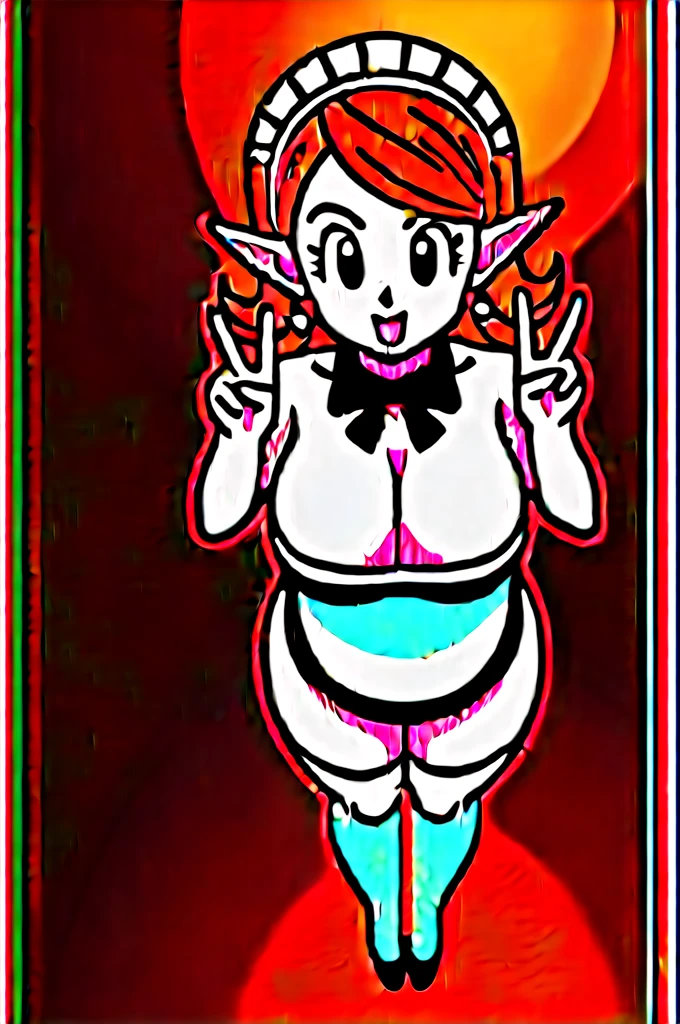 source_anime, score_9, score_8_up, score_7_up, anime screencap,8k, absurdres,
chronoa, 1girl, solo, bare shoulders, potara earrings, orange hair, pointy ears, black eyes, colored skin, purple skin, official style, big ass, thick thighs, wide hips, large breasts, curvy,
maid headdress, maid, thighhighs, double v, happy, indoors, mansion, from above,