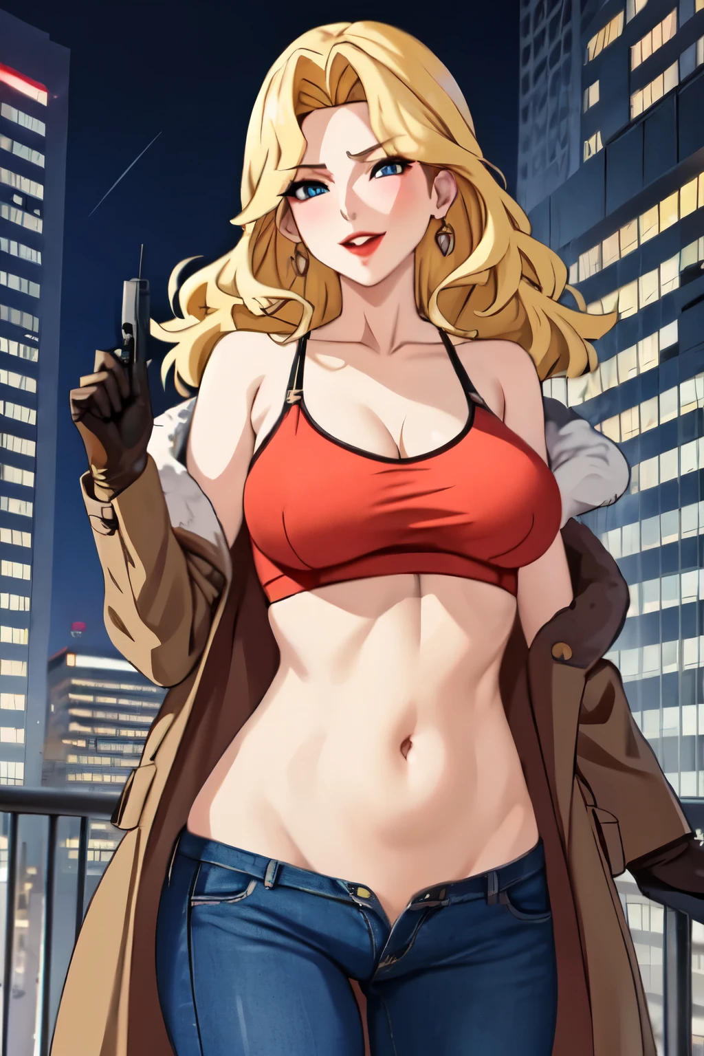 Dress_AliceNonoyama_ownwaifu,
1girl, blonde hair, long hair, blue eyes, lips, mature female, eyelashes, earrings, jewelry, red lips, nail polish, lipstick, makeup, large breasts, breasts,
blush, lipstick,,fur trim, mature female, gloves, fur-trimmed coat, outdoors, rooftop, cityscape, building, railing, night, night sky, scenery, moon, city lights, gloves, jacket, masterpiece,high quality,4k, bare shoulder,belly,crop top,outdoor,cleavage,jeans,casual dress,street,road,smile, open mouth, (nsfw) not safe for work, holding a gun,handgun, evil expression, exposed belly, exposed navel, exposed midriff, exposed lower belly, crop top overhang, underboob, unbuttoned jeans , low rise black jeans, Low rise jeans, Low rise jeans with open fly,