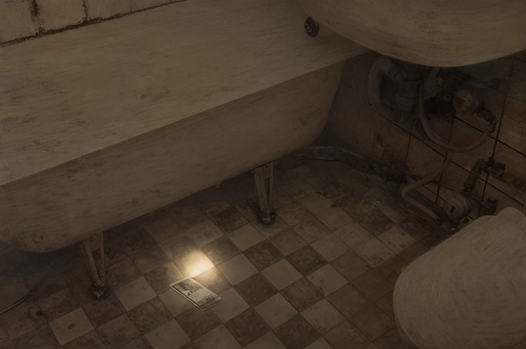 bathroom in Soviet flat, telephone fell on the floor, rusty pipes, toilet and sink old and dirty, desolation, dreary hopeless atmosphere, visible brush strokes, Digital painting in the style of Stefan Koidl, domestic horror, eerie frightening atmosphere, in the style of Rozalski, Bekinski, Jablonski, Stefan Koidl, Andrei Kuzinski,