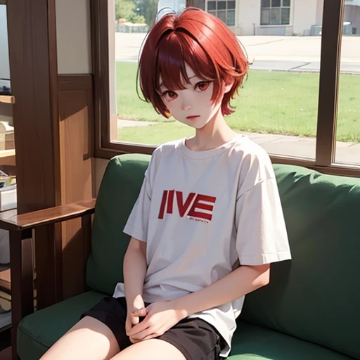 boy, small, cute, 10 years old, Height 137 cm., big red eyes, short hair two block, With bangs., white skin, Wear shorts., Sitting on the lap of the protagonist Solo leveling, Sung Jinwoo.