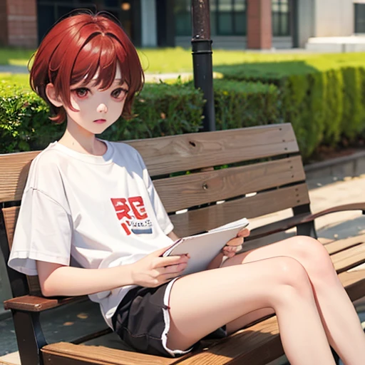 boy, , cute, 10 yeght 137 cm., big red eyes, short hair two block, With bangs., white skin, Wear shorts., Sitting on the lap of the protagonist Solo leveling, Sung Jinwoo.