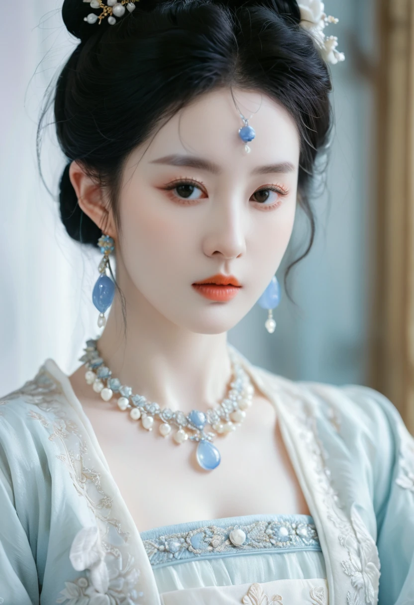 a close up of a woman wearing a blue dress and a necklace, rococo queen, pale porcelain white skin, porcelain pale skin, a beautiful fantasy empress, pale snow white skin, porcelain white skin, palace , a girl in hanfu, ((a beautiful fantasy empress)), ball jointed doll, pale milky white porcelain skin, # rococo