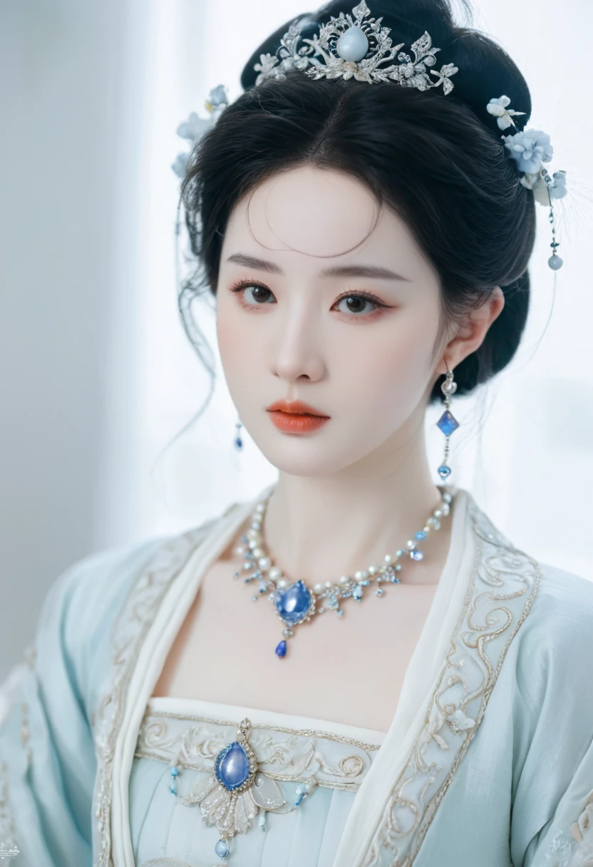 a close up of a woman wearing a blue dress and a necklace, rococo queen, pale porcelain white skin, porcelain pale skin, a beautiful fantasy empress, pale snow white skin, porcelain white skin, palace , a girl in hanfu, ((a beautiful fantasy empress)), ball jointed doll, pale milky white porcelain skin, # rococo