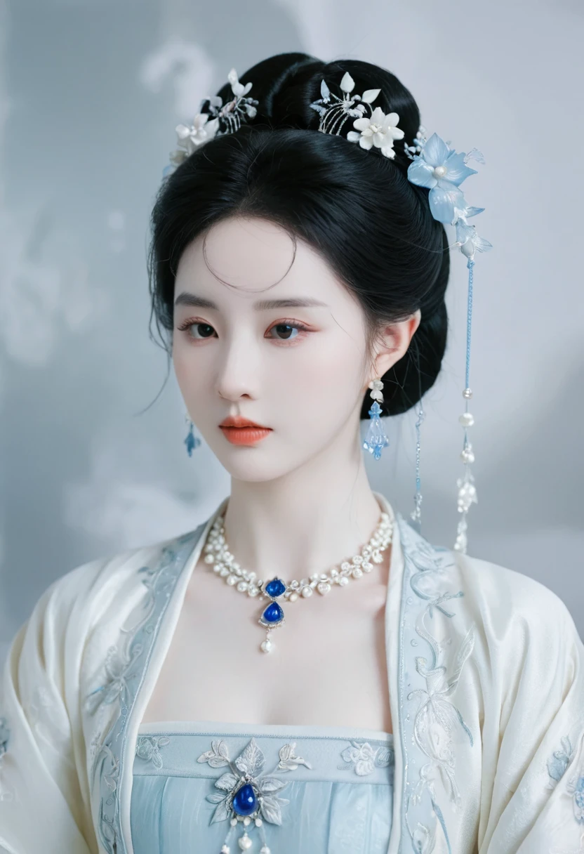 a close up of a woman wearing a blue dress and a necklace, rococo queen, pale porcelain white skin, porcelain pale skin, a beautiful fantasy empress, pale snow white skin, porcelain white skin, palace ， a girl in hanfu, ((a beautiful fantasy empress)), ball jointed doll, pale milky white porcelain skin, # rococo