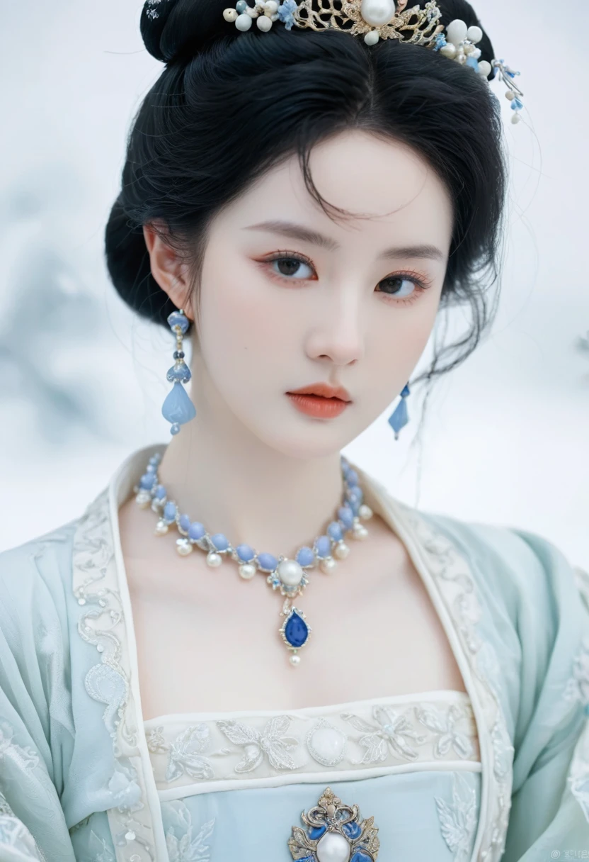 a close up of a woman wearing a blue dress and a necklace, rococo queen, pale porcelain white skin, porcelain pale skin, a beautiful fantasy empress, pale snow white skin, porcelain white skin, palace ， a girl in hanfu, ((a beautiful fantasy empress)), ball jointed doll, pale milky white porcelain skin, # rococo