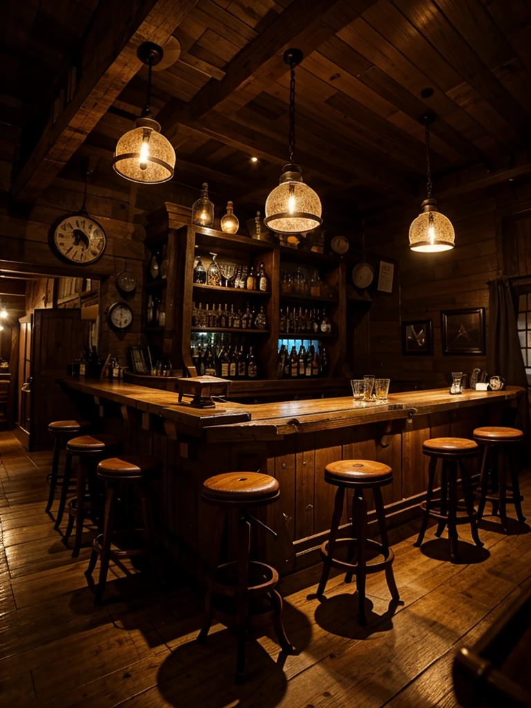 Vintage-style bar, rustic wooden furniture, antique pendant lights, dim lighting, cozy ambiance, aged wood, warm glow, vintage decor, intimate, nostalgic