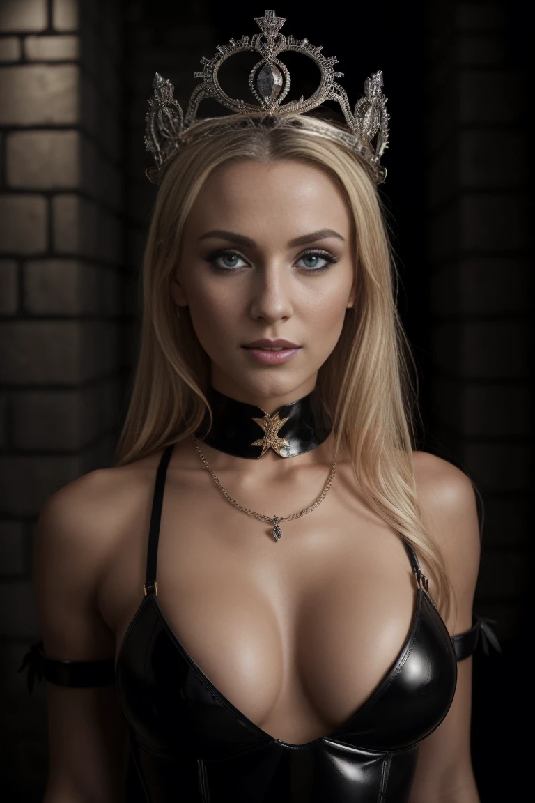 Woman in BDSM outfit and a crown in a dungeon posing provocatively for a photo, Amazing beauty, Amazing beauty, attractive face and body, Attractive woman, a beautiful blonde, beautiful blonde girl, Lovely woman, beautiful woman, hermosa beautiful woman, Beautiful blonde woman, beautiful body and face, chica sexy, beautiful detailed body and face, a beautiful young woman, neckline