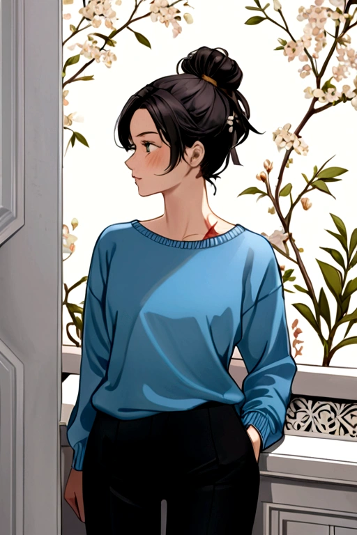*the one in front of her, She is a 25 year old woman., short hair tied in a long ponytail, White shirt, blue sweater, black pants and a scar on the inside lip*
