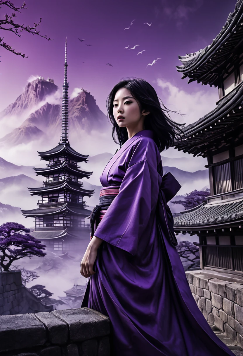 In a horror setting、Japanese monsters、Breathtakingly realistic artwork。A beautiful princess from ancient Japan、Black Hair、Purple kimono、The whole place is surrounded by purple gas and mist.、The setting is the castle tower of an old Japanese castle.。A bewitching purple color scheme、Meticulously graded in ACES color space、It has an eerie color tone like a movie.。As for composition、It has been meticulously crafted to eliminate imperfections and distractions.、Pushing the boundaries of photorealism、Perfect and spine-chilling images guaranteed。 --ar 9:16 -- at 6.0 --q 2 --s 1000