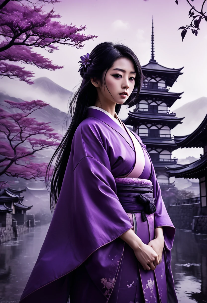 In a horror setting、Japanese monsters、Breathtakingly realistic artwork。A beautiful princess from ancient Japan、Black Hair、Purple kimono、The whole place is surrounded by purple gas and mist.、The setting is the castle tower of an old Japanese castle.。A bewitching purple color scheme、Meticulously graded in ACES color space、It has an eerie color tone like a movie.。As for composition、It has been meticulously crafted to eliminate imperfections and distractions.、Pushing the boundaries of photorealism、Perfect and spine-chilling images guaranteed。 --ar 9:16 -- at 6.0 --q 2 --s 1000