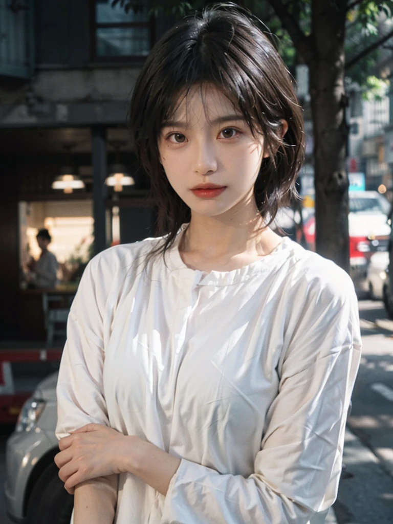 (smooth skin textures:1.3), Lipstick, (Upper body:1.3)，(Upper Body:1.3)， earrings, serene, calm, （Dress conservatively：1.6），(Realistic and detailed eyes：1.2）, Natural skin texture, Realistic facial details, Soft dramatic lighting, Vivid details, outdoor, (Photo Practical:1.4), (hyper Practical:1.4), (Practical:1.3), (Improve lighting quality:0.9), (Highest quality real skin textures:1.4), (Enhance the beauty of skin texture:1.1), Hair details, model， short hair, Moles under the eyes, Portrait Photography, Depth of Field, Bokeh, Surrealism, Ray Tracing, (Portrait Photography:1.1), Surrealism, High Detail, Chiaroscuro, Ray Tracing, reflected light, Ultra HD, Ultra HD, masterpiece, Textured Skin, Super Detail, High Detail, high quality, best quality
