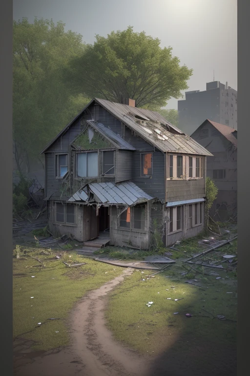 Post apocalyptic city scene, destroyed houses and buildings, moss on houses and buildings, trees growing, large trees, lots of bush, wild flowers. Birds, various animals, wrecked cars, destroyed motorcycles. [(Hassleblad H6D-400c)], [(medium format image)],[(dreamy)],[(400 mega pixels)], (photorealistic:1.4), (RAW photo:1.2), (8k), (masterpiece:1.3), (realistic), (hyper-realistic), ultra-detailed, illustration, very_high_realistic:1.5 ,very_high_resolution:1.5, HDR, CG, unity, 8k wallpaper, Amazing ,finely detail, official art, extremely detailed CG unity 8k wallpaper, (best quality), incredibly absurdres, ultra-detailed, cinema lights, cinematic lighting, professional lighting, photon mapping, radiosity, physically-based rendering, solo focus, sharp focus,
highres, extremely detailed ,extremely delicate and beautiful, intricate detail.