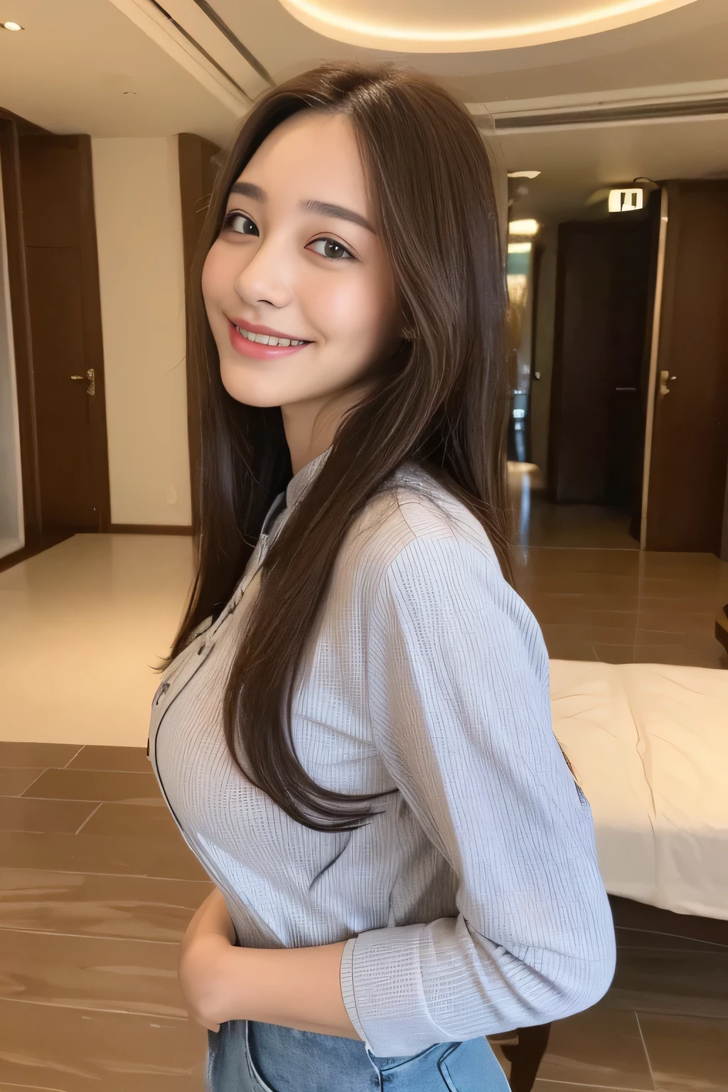 seed:2020674263.((Full body angle:1.1)).((Highest quality, 8K, masterpiece:1.3)), ((from below:1.1)).concentrated:1.2, Perfect body beauty:1.4, Hips:1.2, ((Delicate Hair)), (Colorful button-through crop shirt :1.1) , ((Highest quality、8k、masterpiece:1.3))、1 Girl、A sloppy smile、Esbian all over、Slim face、Big Boobs、Beautiful woman、(Dark Brown Hair)、Long Hair、1.1、Flickering Valley、Detailed eyes、double eyelid、Blurred Background、超Slim face、Smile、Looking down、stroll、