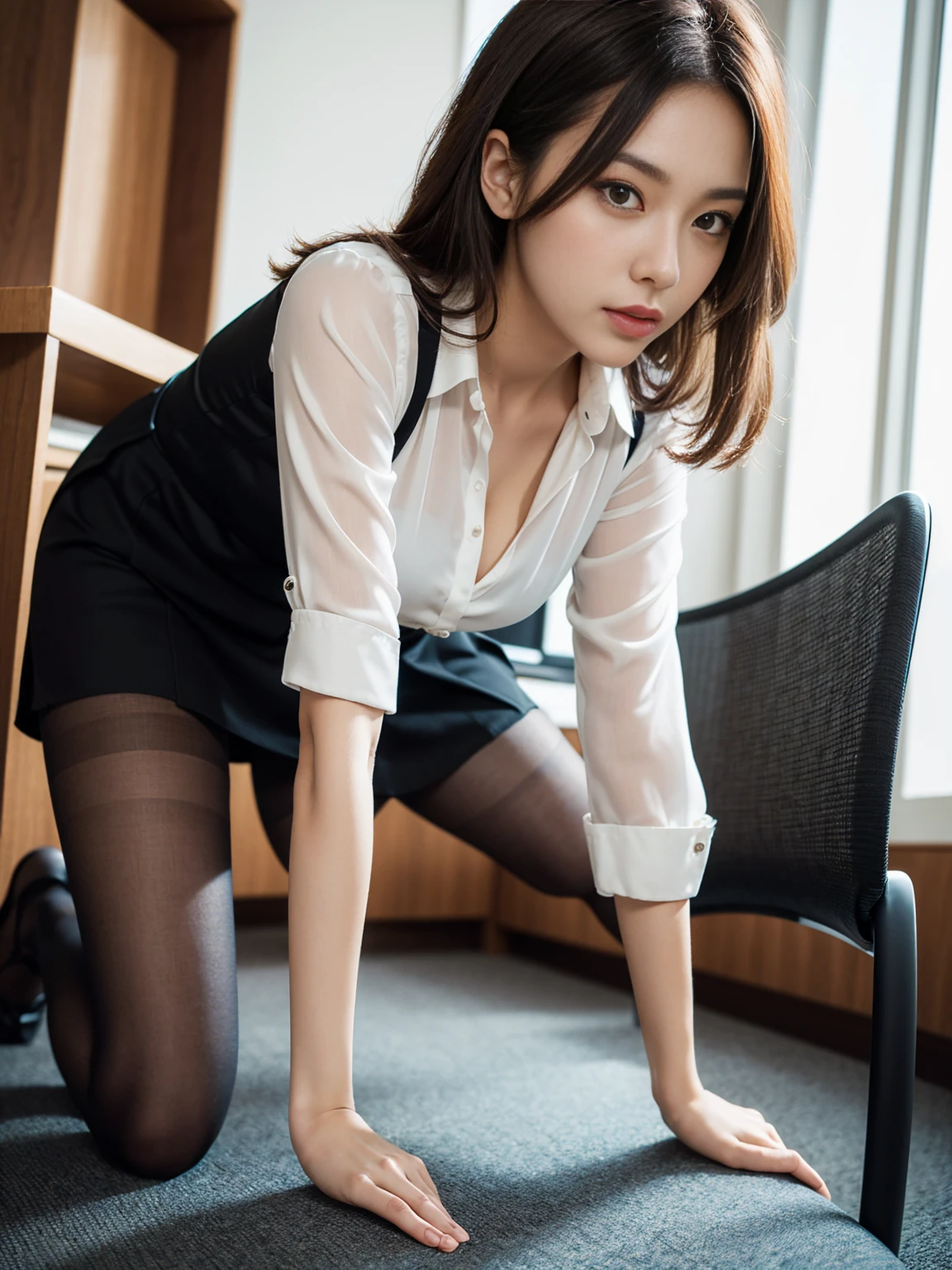 Classy upper class elite secretary in luxury silk blouse, Skirt and thighs、27 years old、height　162cm、Sitting on a chair in the office、Office uniform, (Glossy Pantyhose,Realistic pantyhose)、Working in the office、Wearing an ultra-thin satin blouse, Wear high-quality high heels、 Girl in blouse, Wearing an elegant blouse, When you wear a very thin blouse, Businessman, Blouse and skirt, Wearing a silk blouse, Wear a shirt and skirt, 　　　　　　RAW Photos, (8K、Highest quality、masterpiece:1.2)、(Intricate details:1.4)、(Photorealistic:1.4)、Octane Rendering、Complex 3D rendering with ultra-detail, Soft studio light, Rim Light, Vivid details, Super Detail, Realistic skin textures, Face in detail, Beautiful details in the eyes, Highly detailed CG Unity 16k wallpaper, compensate, (Detailed Background:1.2),On all fours。 Exposed thighs!!!Erotic～！！！！