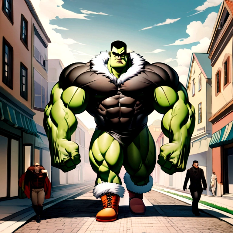 
"Imagine an imposing, muscular figure, mixing characteristics of Escanor, Hulk e Brutus (Popeye), wearing a hooded coat. He walks confidently through the streets, the hood is over your head while the coat is open, revealing his powerful arms and robust physique worthy of a bodybuilder. The scene is marked by the dominant presence and unique mix of iconic characteristics of these characters.. Man in his 30s with a lumberjack beard and black hair"