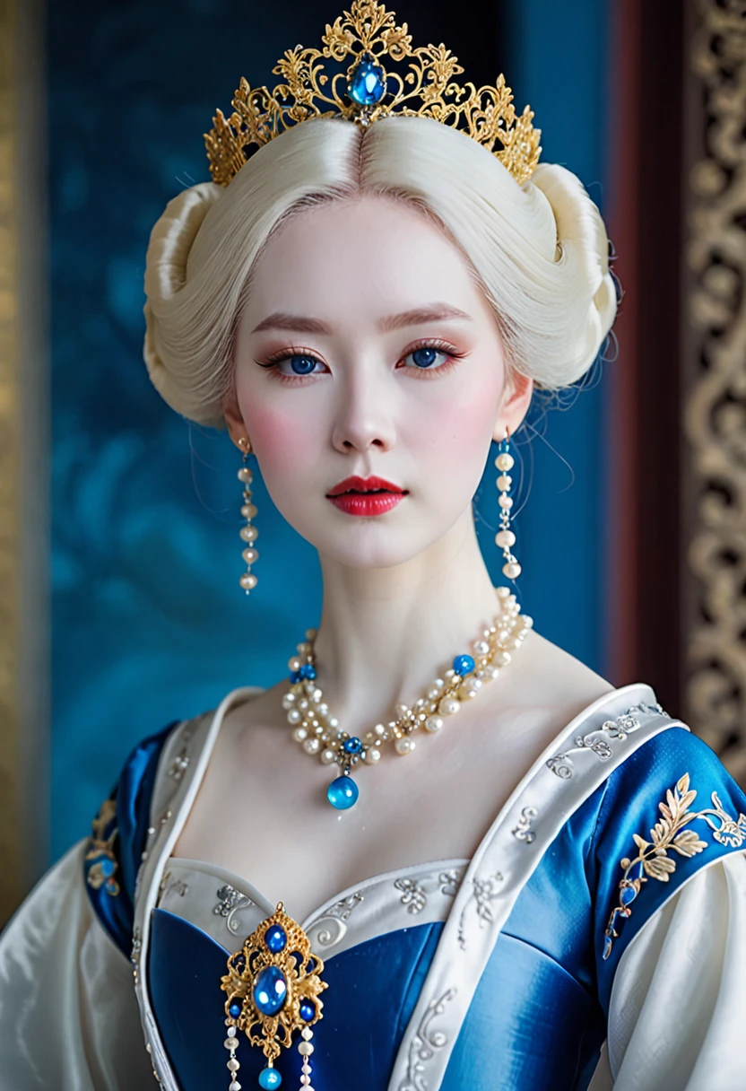a close up of a woman wearing a blue dress and a necklace, rococo queen, pale porcelain white skin, porcelain pale skin, a beautiful fantasy empress, pale snow white skin, porcelain white skin, palace , a girl in hanfu, ((a beautiful fantasy empress)), ball jointed doll, pale milky white porcelain skin, # rococo