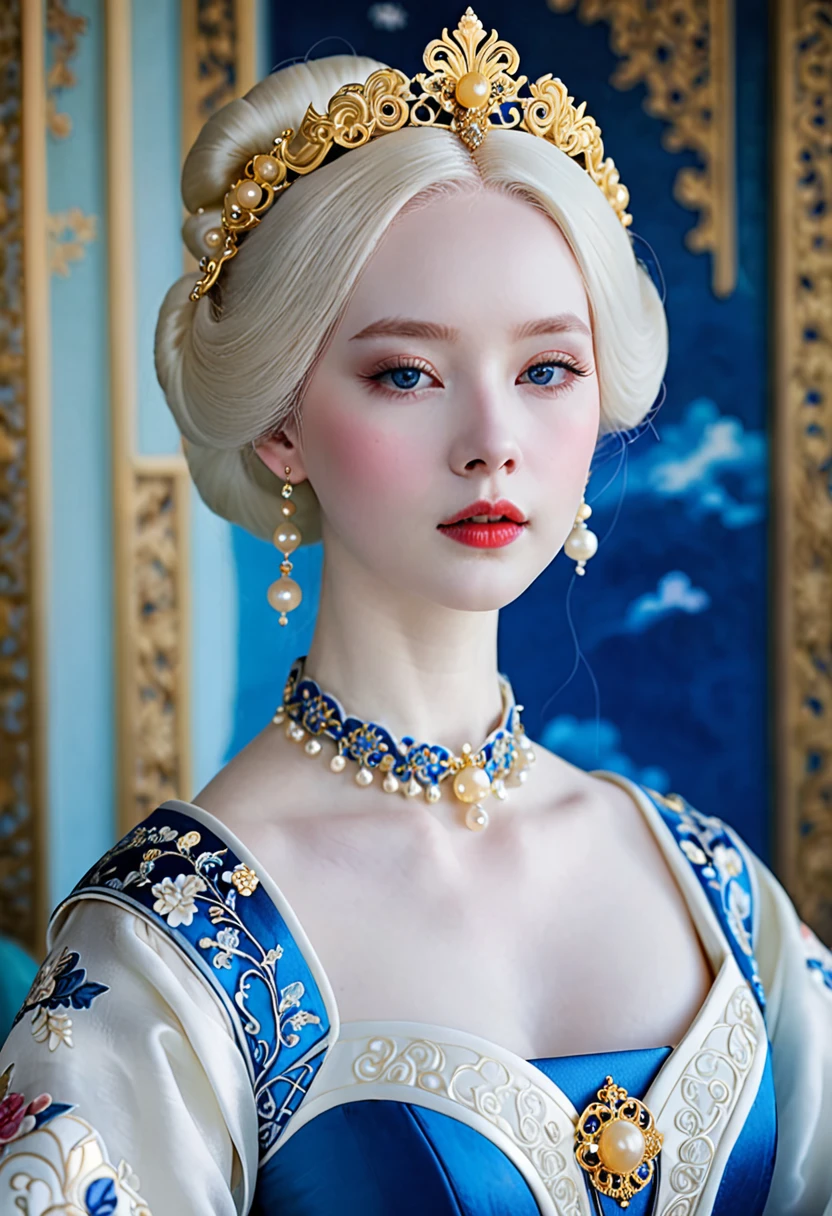 a close up of a woman wearing a blue dress and a necklace, rococo queen, pale porcelain white skin, porcelain pale skin, a beautiful fantasy empress, pale snow white skin, porcelain white skin, palace , a girl in hanfu, ((a beautiful fantasy empress)), ball jointed doll, pale milky white porcelain skin, # rococo