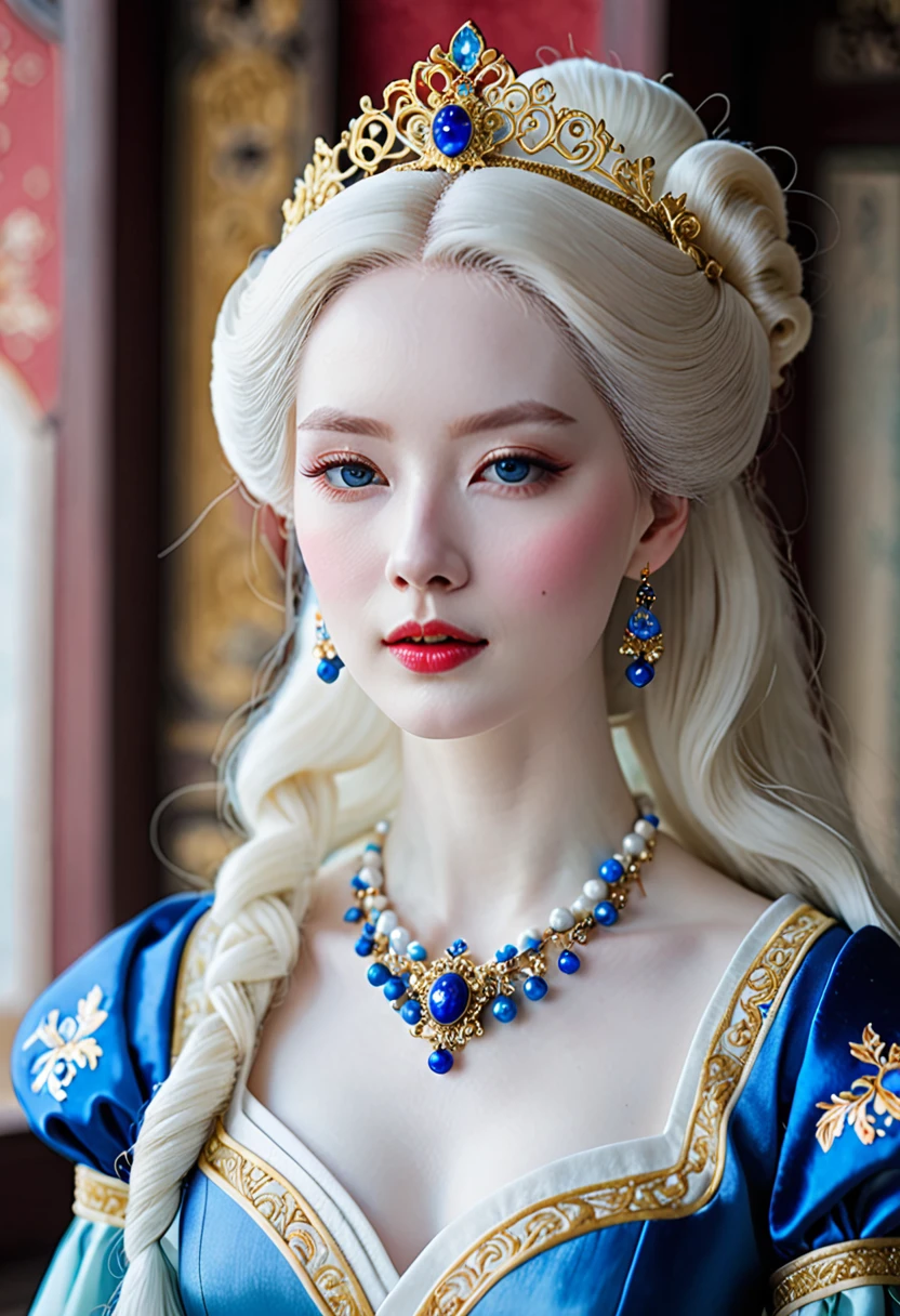 a close up of a woman wearing a blue dress and a necklace, rococo queen, pale porcelain white skin, porcelain pale skin, a beautiful fantasy empress, pale snow white skin, porcelain white skin, palace ， a girl in hanfu, ((a beautiful fantasy empress)), ball jointed doll, pale milky white porcelain skin, # rococo
